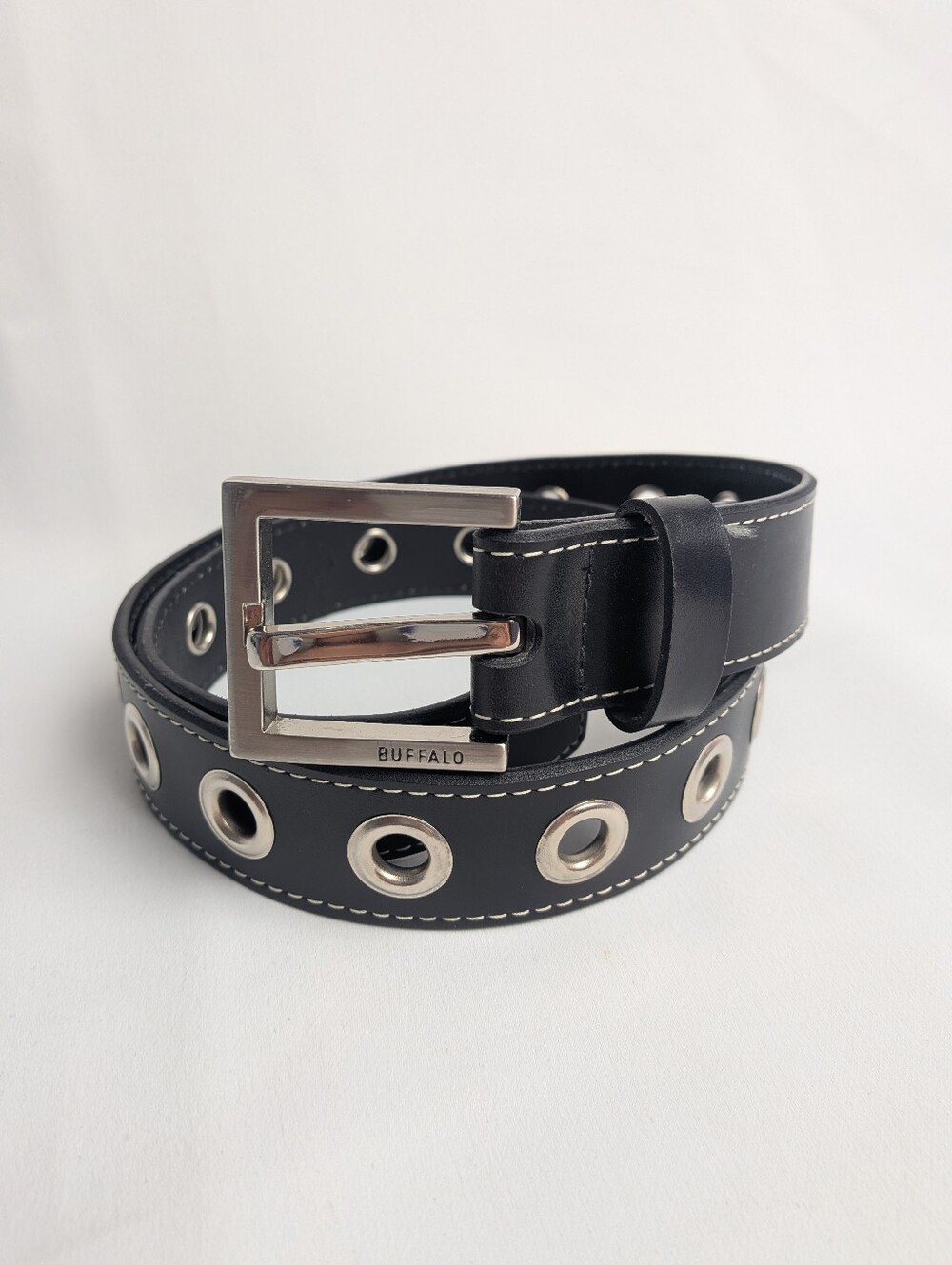 Y2K Vintage BUFFALO Women Black Leather Belt One Size Silver Hoops Ring Punk Emo